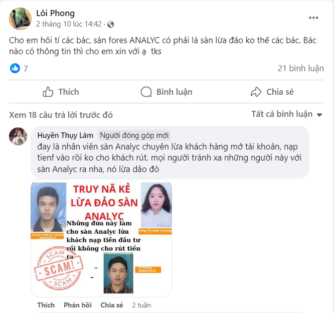 Ý kiến đánh giá sàn Analyc trong cộng đồng trên nhóm Facebook