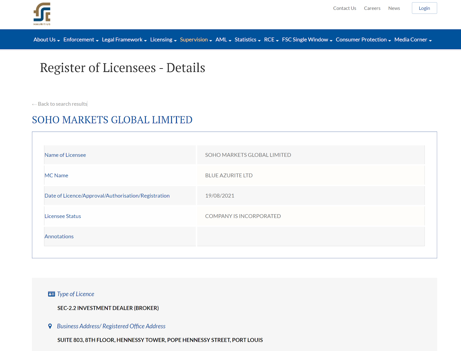 Giấy phép FSC của sàn Soho Markets